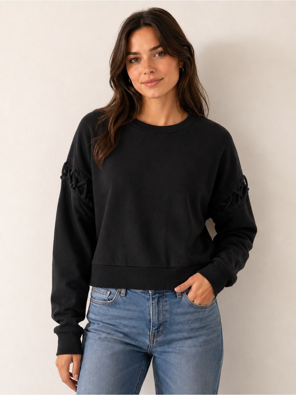 ALO Yoga Black Crewneck Sweatshirt with Braided Sleeve Detail